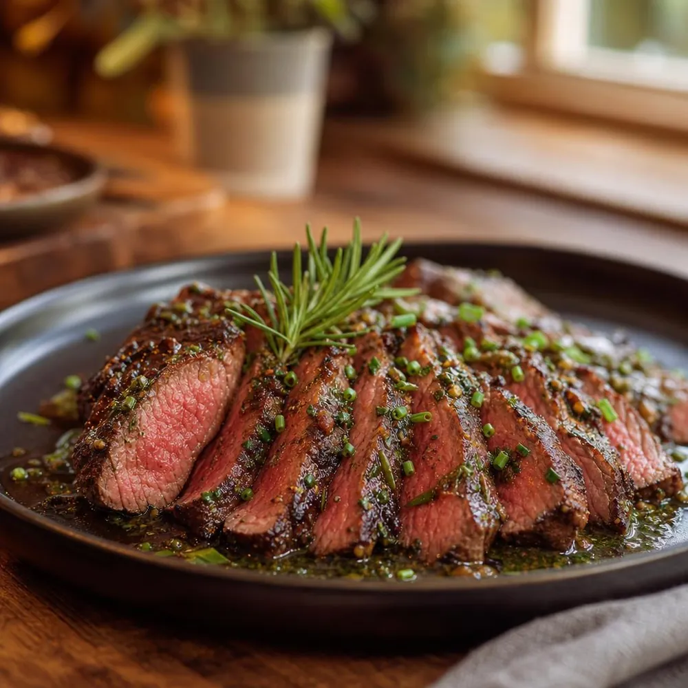 Sliced medium-rare tri-tip steak drizzled with herb sauce