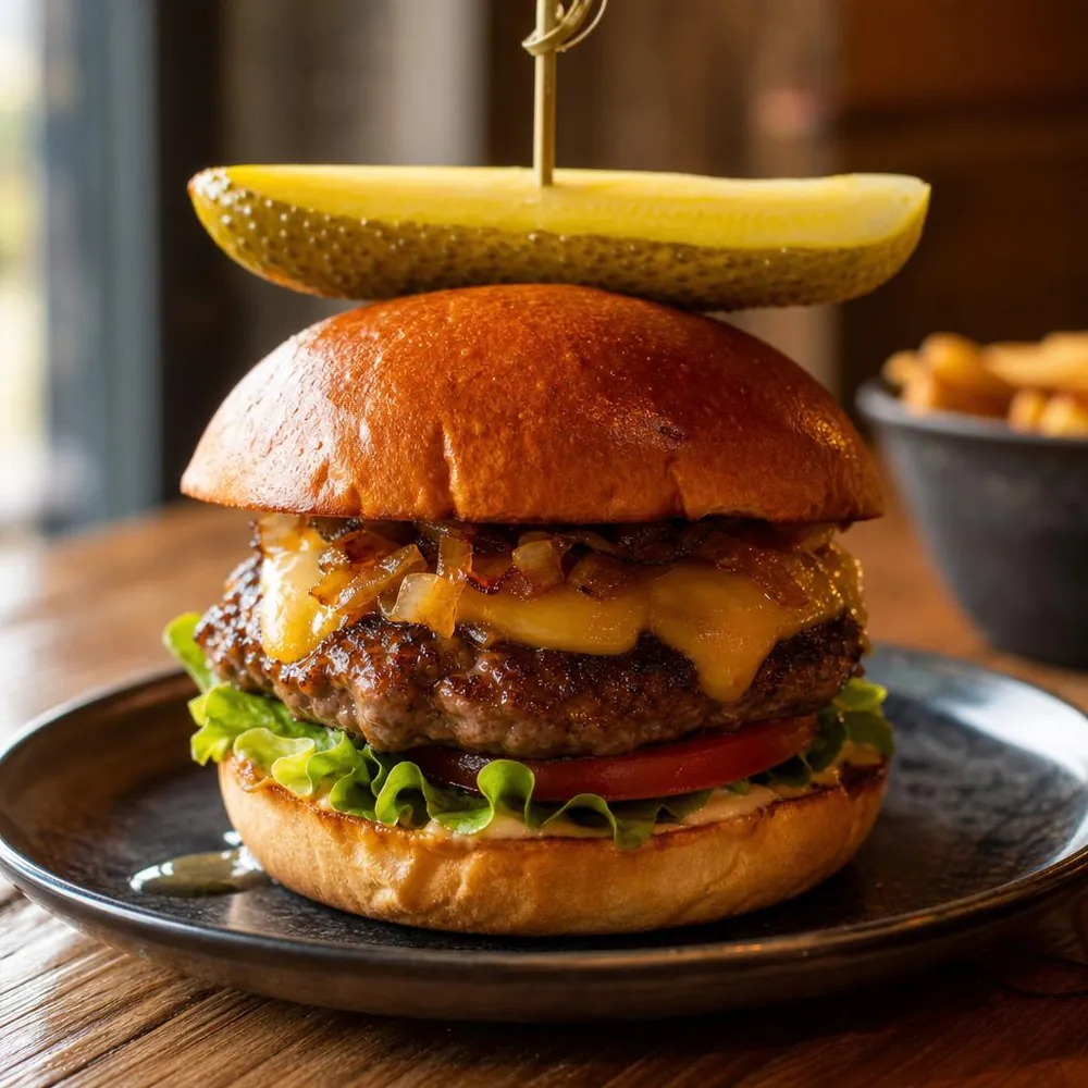 Gourmet cheeseburger with a dill pickle spear on a toasted brioche bun
