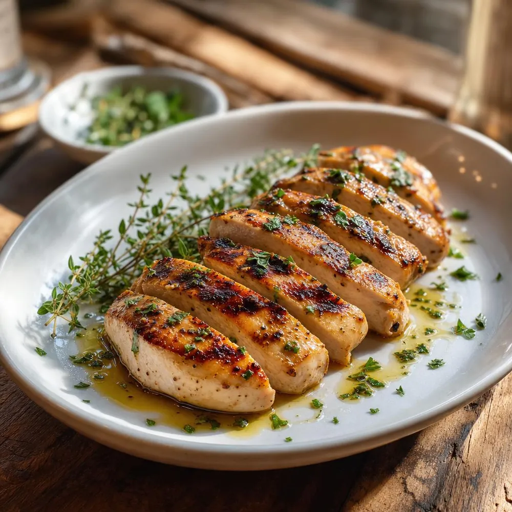 Sliced grilled chicken breast with herb oil and fresh herbs